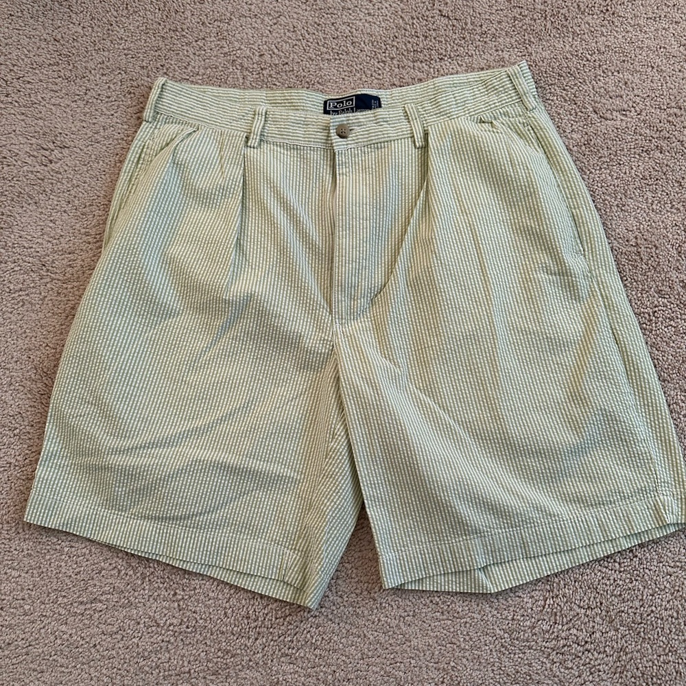 Ralph Lauren Green/White Striped Pleated Seersucker Shorts, Size 35, Inseam 9.